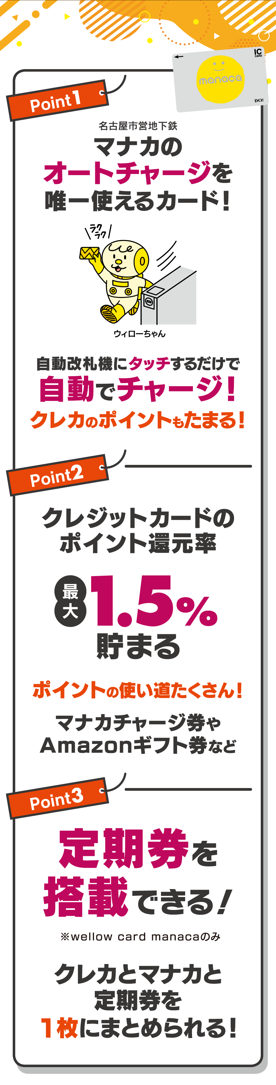 マナカのオートチャージを唯一使えるカード！ 自動改札機にタッチするだけで自動チャージ！クレカのポイントもたまる！ クレジットカードのポイント還元率最大1.5%溜まる 定期券を搭載できる！クレカとマナカと定期券を1枚にまとめられる！