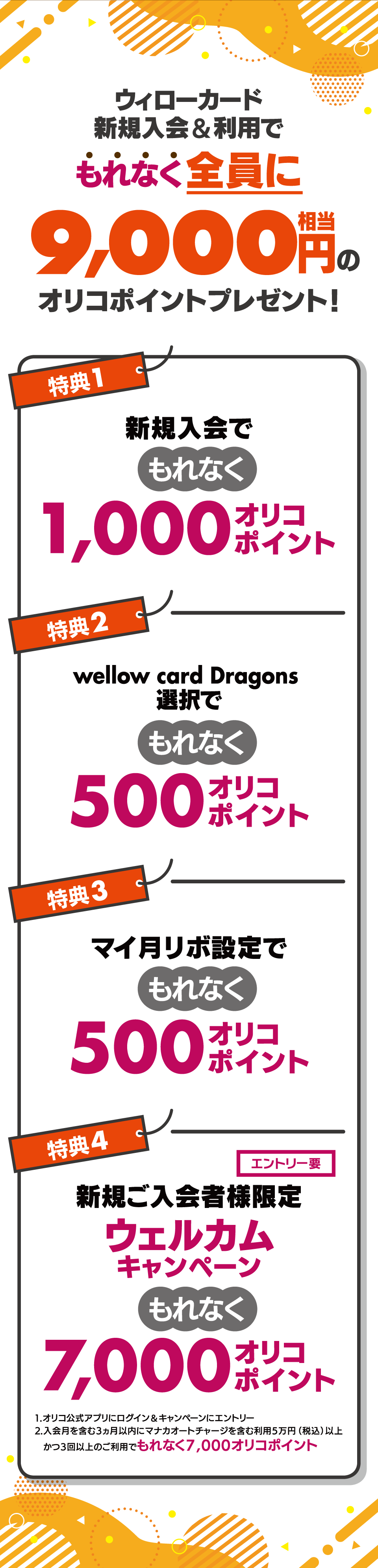 ウィローカード新規入会&利用でもれなく全員に9000円相当のオリコポイントプレゼント 新規入会でもれなく1000オリコポイント wellow card Dragons選択でもれなく500オリコポイント マイ月リボ設定で選択でもれなく500オリコポイント 新規ご入会者様限定ウェルカムキャンペーンもれなく7000円オリコポイントプレゼント