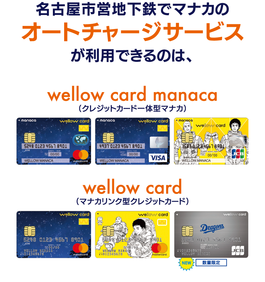 名古屋市営地下鉄でマナカのオートチャージサービスが利用できるのは、wellow card manaca（クレジットカード一体型マナカ）・wellow card（マナカリンク型クレジットカード）だけ！ 