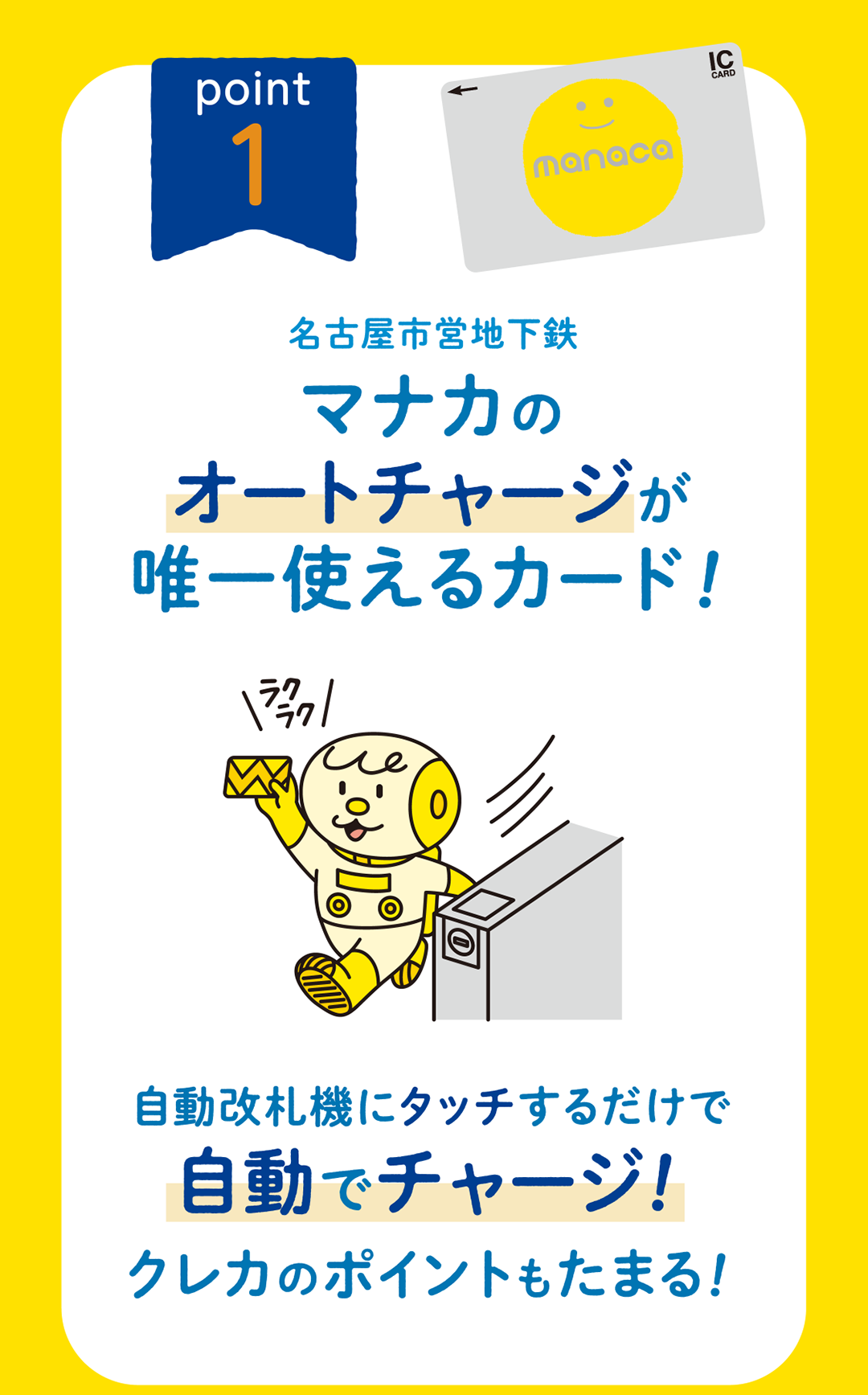 名古屋市営地下鉄　マナカのオートチャージが唯一使えるカード！自動改札機にタッチするだけで自動でチャージ！クレカのポイントもたまる！