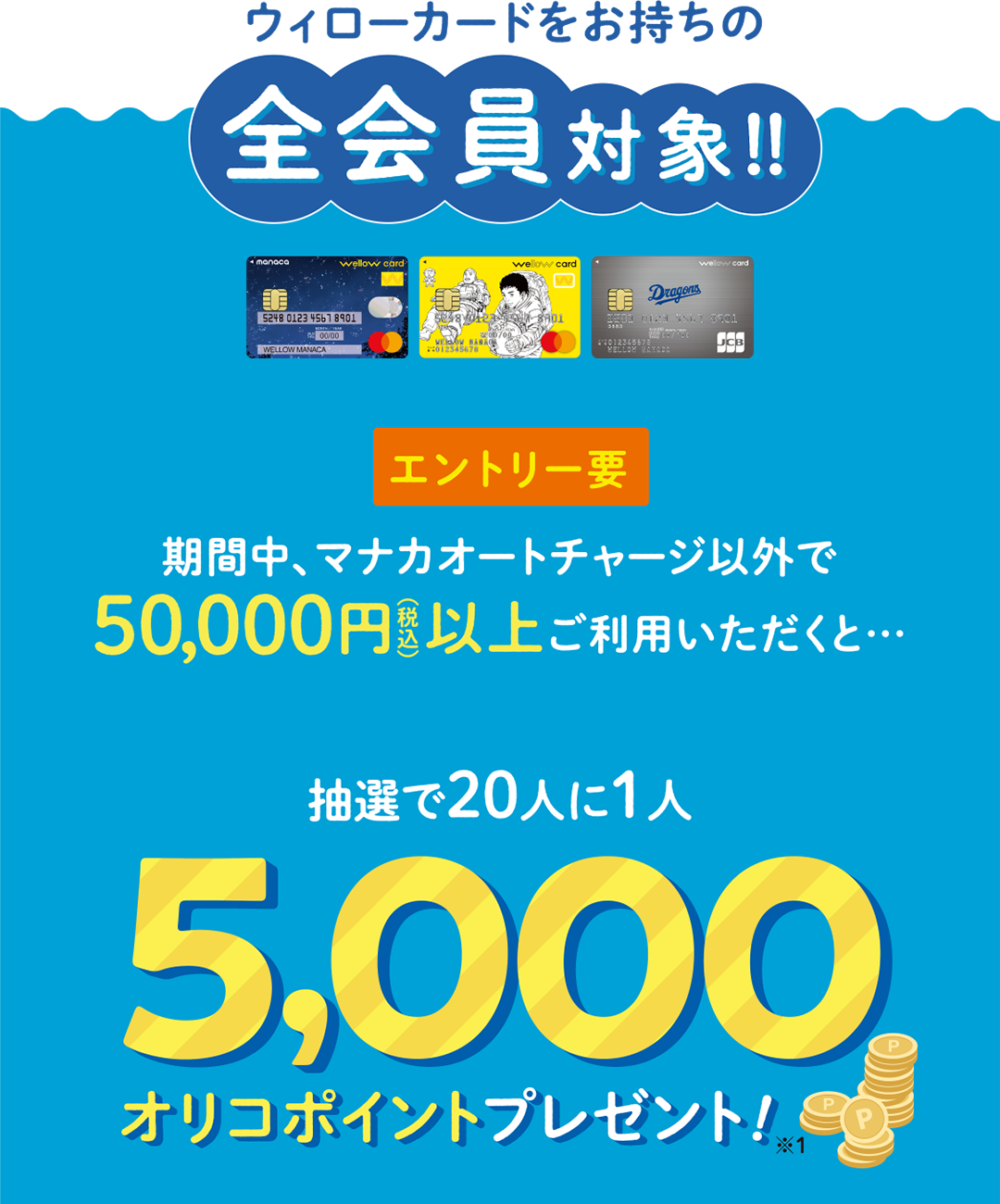 ウィローカードをお持ちの全会員対象!!条件達成にて抽選で20人に1人5,000オリコポイントプレゼント！