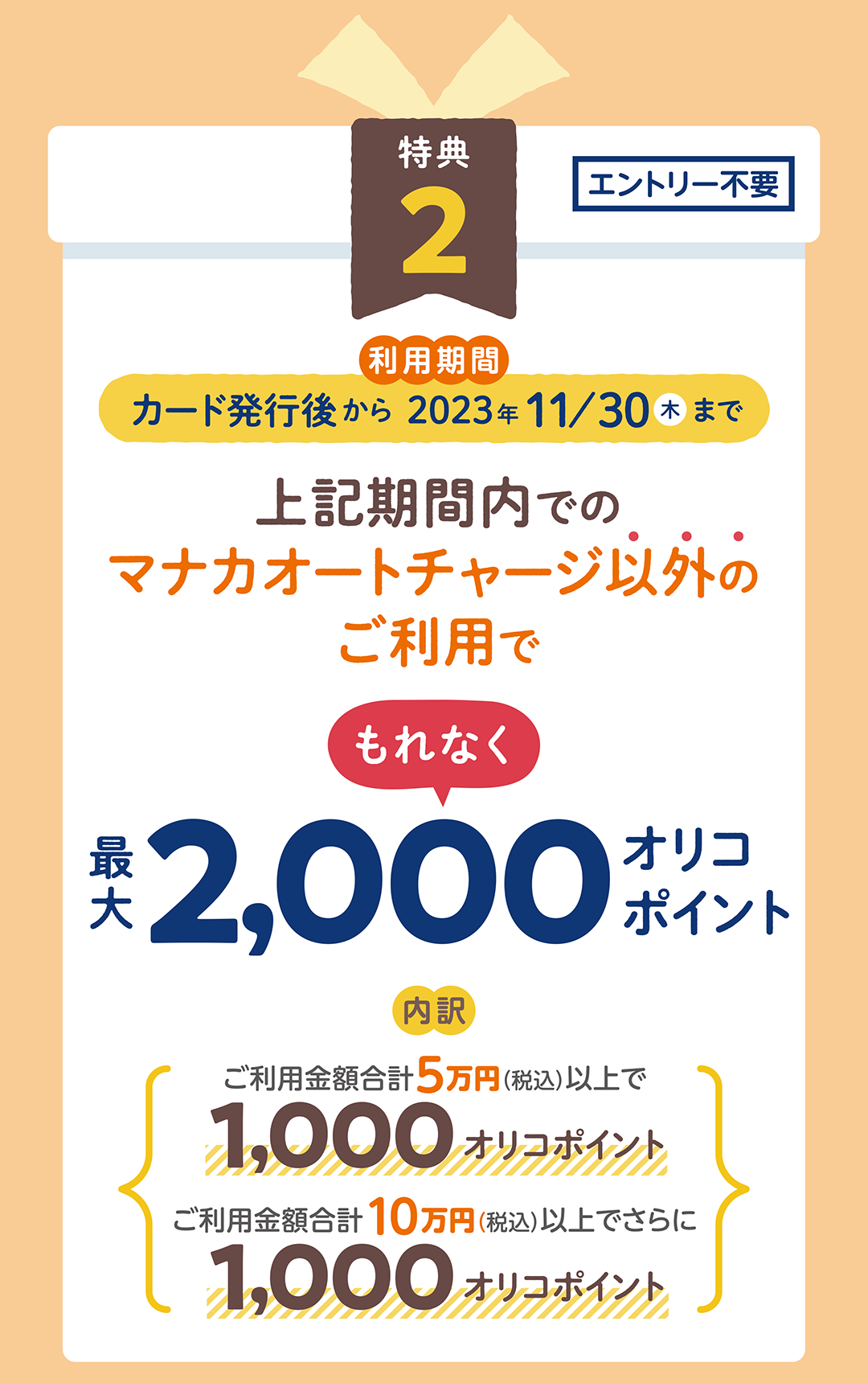 期間内にマナカオートチャージ以外のご利用でもれなく最大2,000オリコポイント