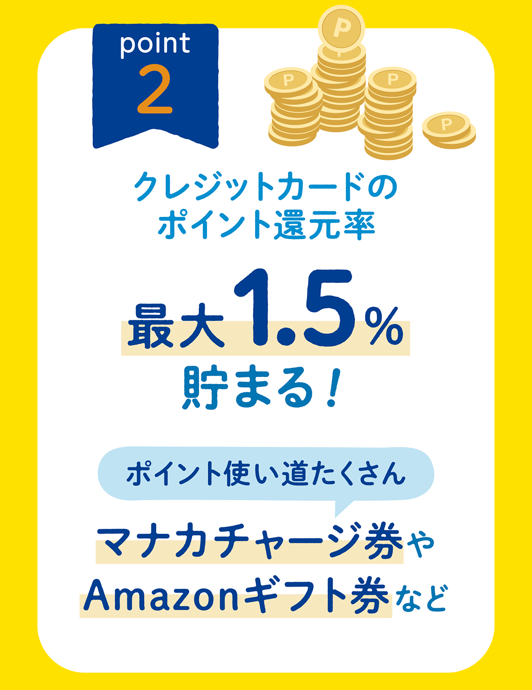 クレジットカードのポイント還元率 最大1.5％貯まる！ポイント使い道たくさん マナカチャージ券やAmazonギフト券など