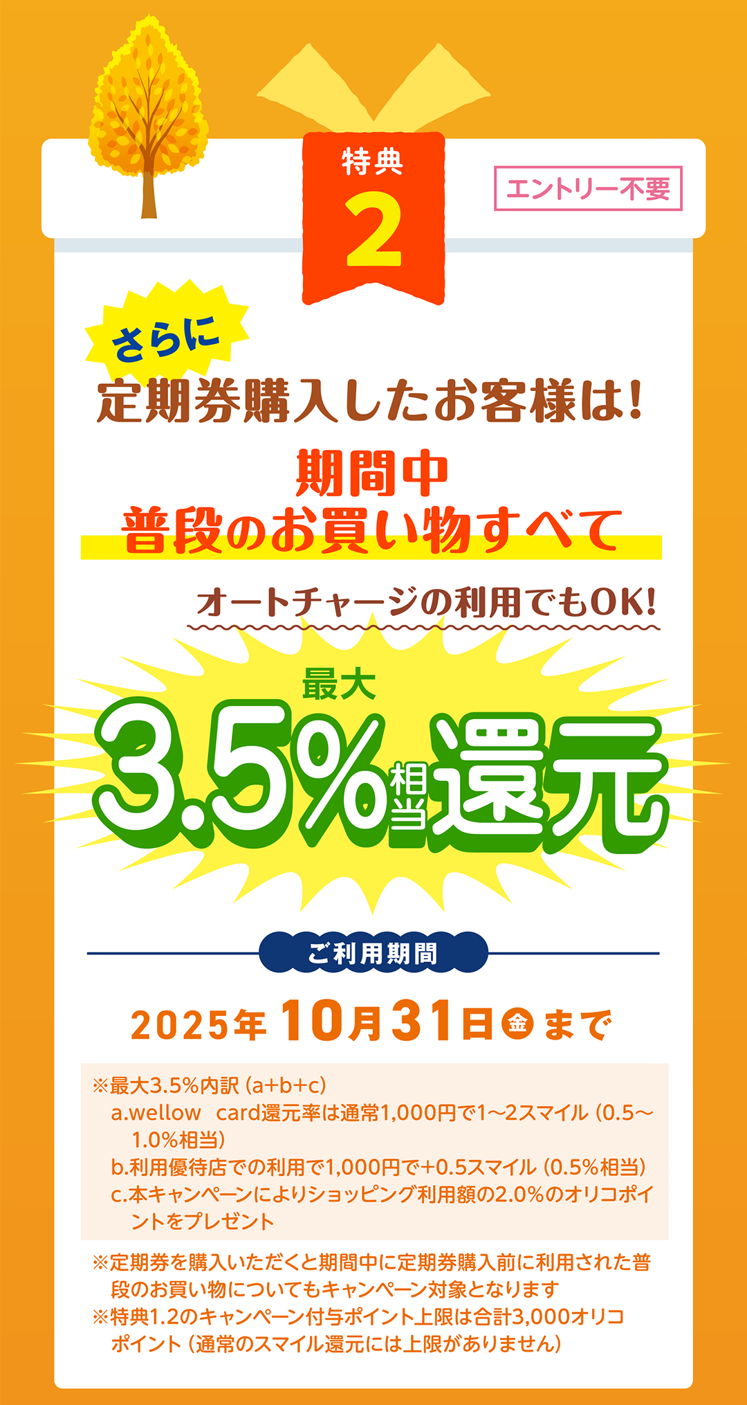 特典2　定期券購入したお客様は！期間中普段のお買い物すべて最大3.5%相当還元