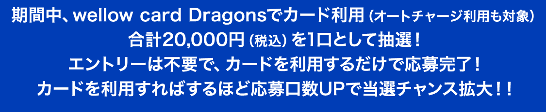 期間中、Wellow card Dragonsでカード利用（オートチャージ利用も対象）を合計20,000円（税込）を1口として抽選