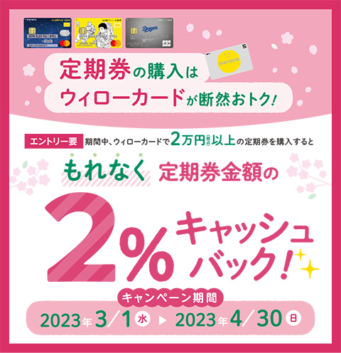 【 2023/3/1（水）～ 2023/4/30（日）まで 】ウィローカード定期券購入キャンペーン
